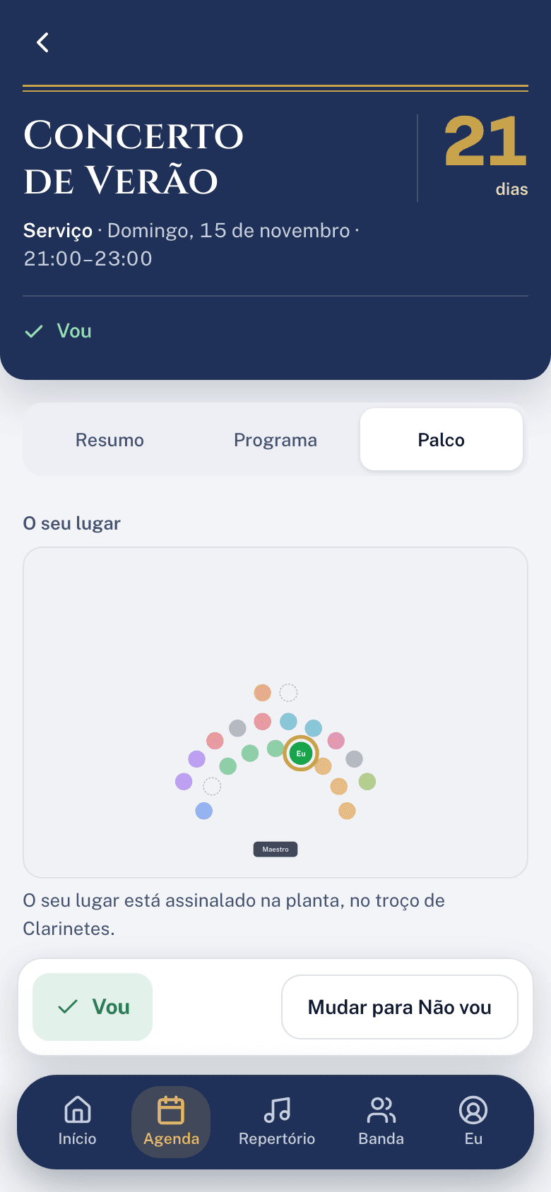 O lugar no palco de um músico na app