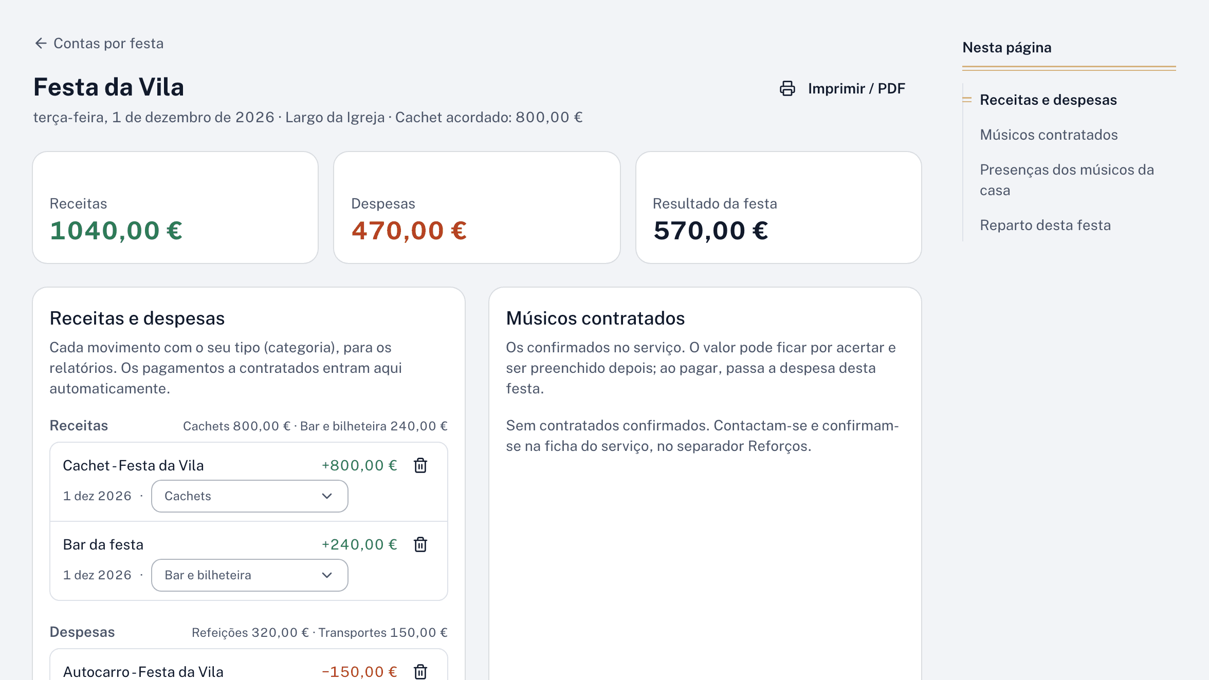 Contas de uma festa, com receitas, despesas e resultado