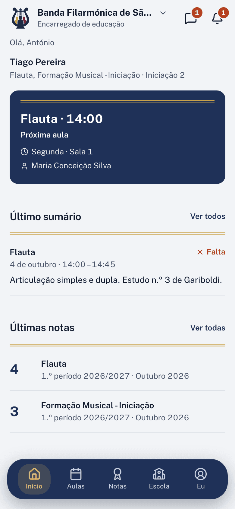 O Início da app de um encarregado de educação