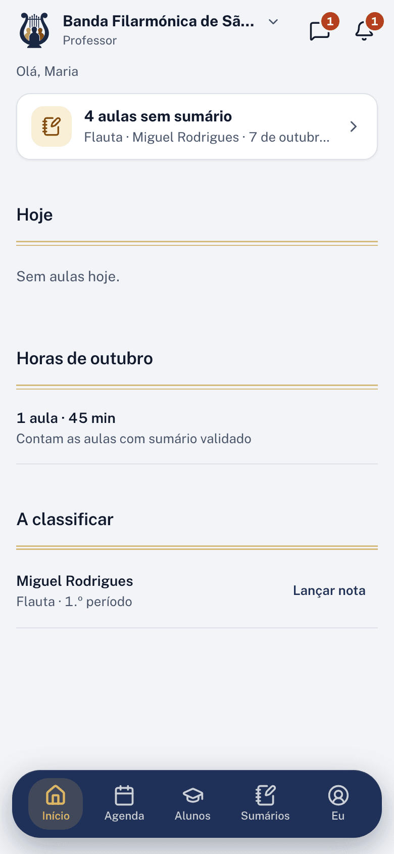 O Início da app de uma professora
