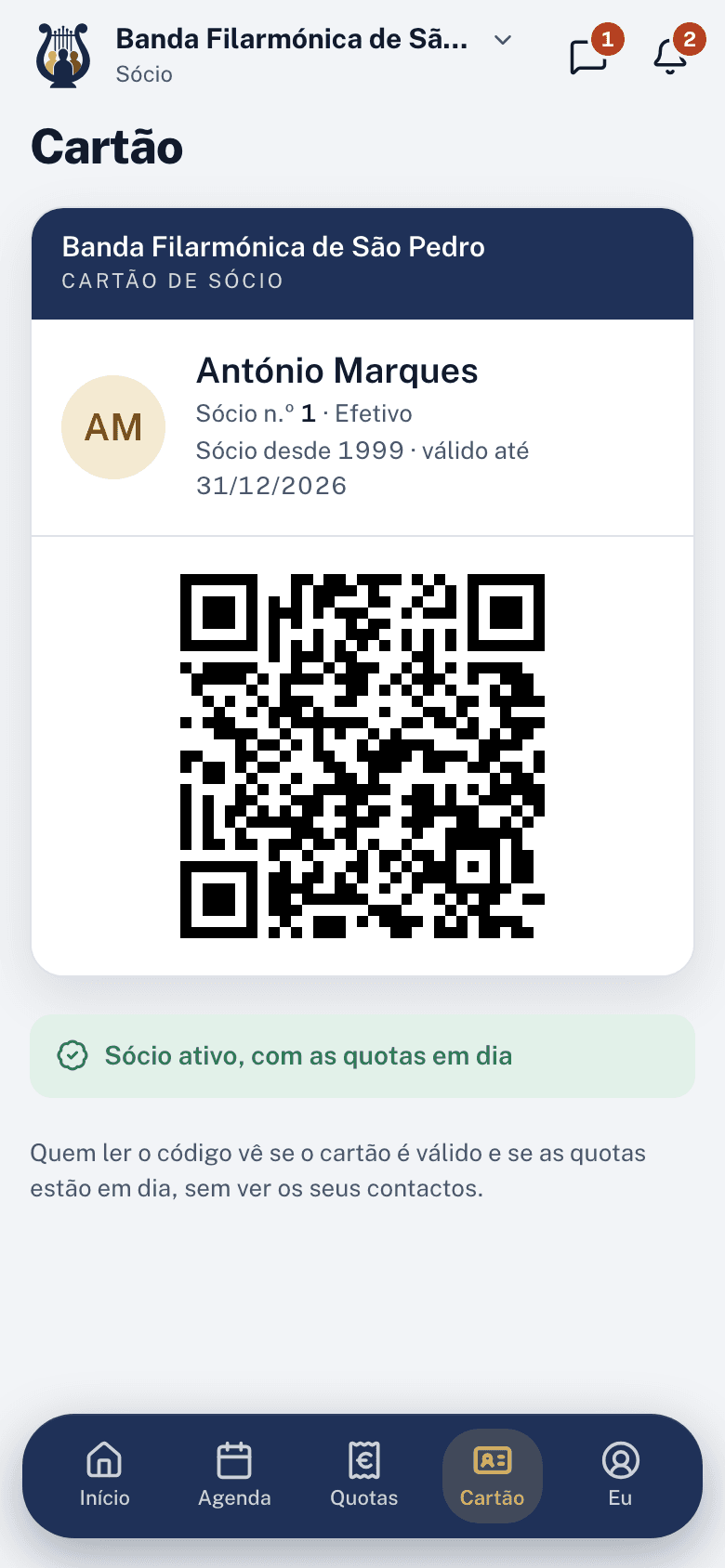 O cartão de sócio digital na app